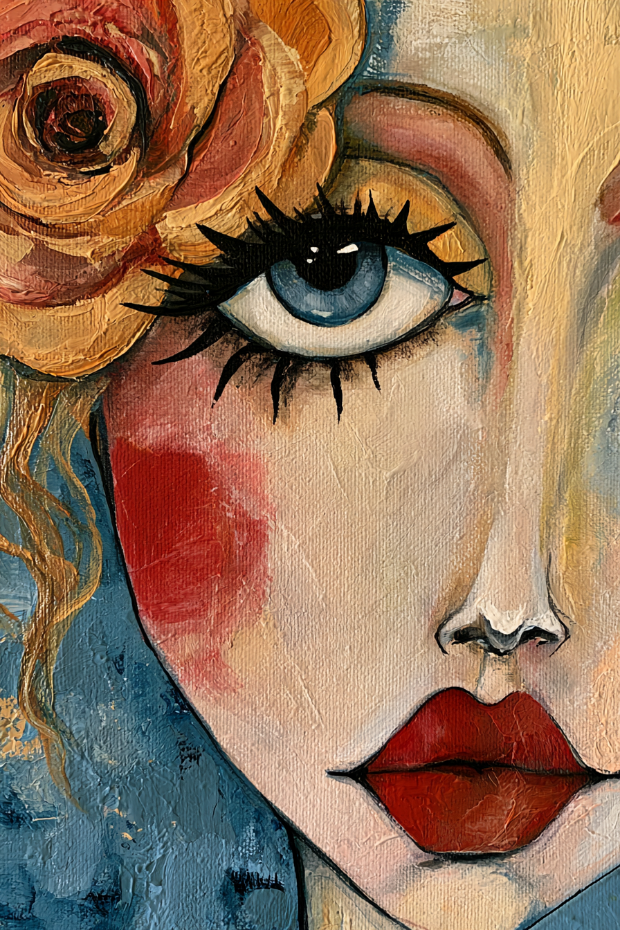 Whimsical female portrait with a flower, blue eye and red lips
