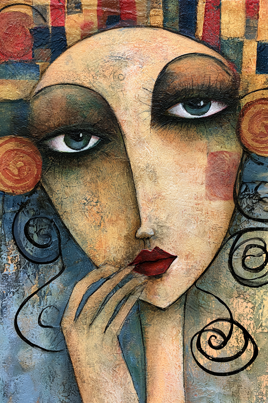 Whimsical textured portrait in ochre, deep blue and crimson