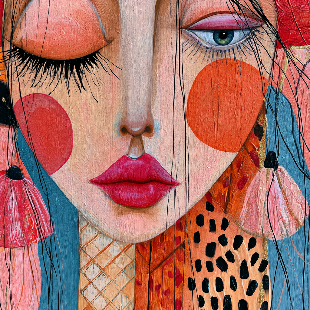 Colourful close-up portrait with one blue eye, coral cheeks and bold black linework